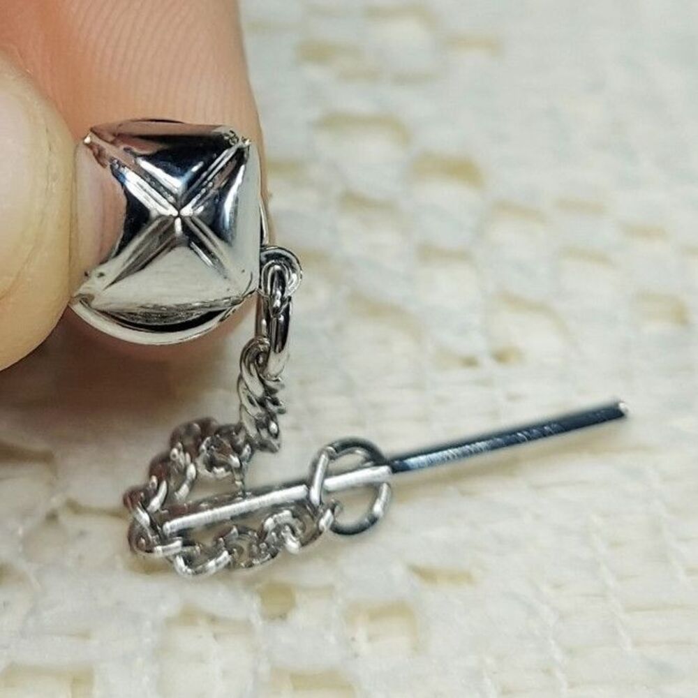 Swank Silver Geometric Metal Tie Tack with Chain for Men